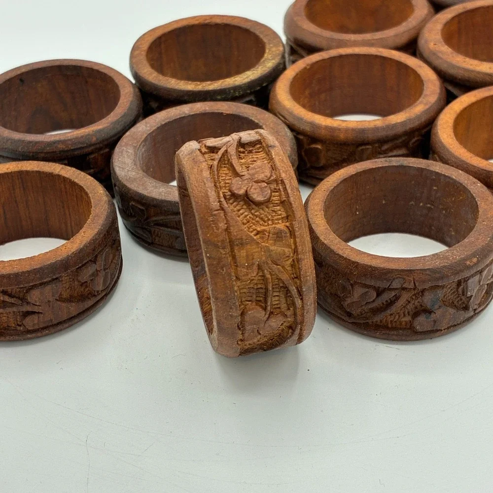 Vintage Hand Carved Wood Napkin Rings Set of 12 Leaf Floral Design